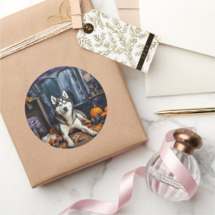 Sticker Rond Sibérie Husky Citrouille Halloween effrayant