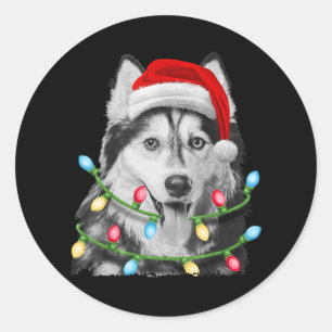 Sticker Rond Sibérien Husky Père Noël Noël Lumières Noël
