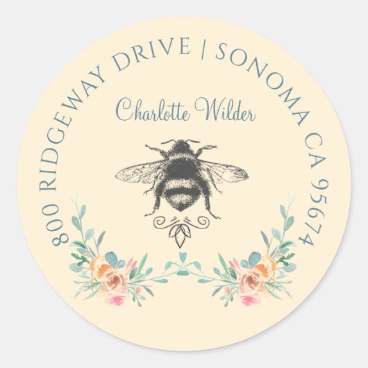 Sticker Rond Signature de script Personnalisé Bee Floral (Devant)