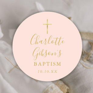 Sticker Rond Signature dorée Baptême Christening Rose poudré
