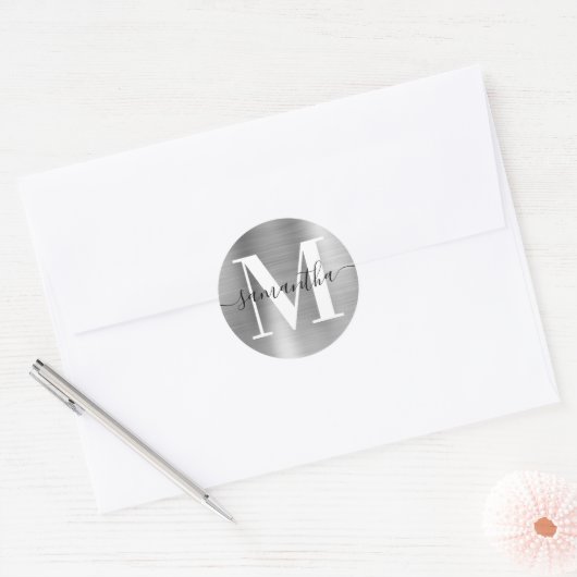 Sticker Rond Signature moderne Monogram Silver Foil (Enveloppe)