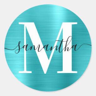 Sticker Rond Signature Monogramme Turquoise Blue Shimmer
