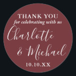 Sticker Rond Signature rose Rosewood Favor Merci<br><div class="desc">Rosewood rose signature de mariage faveur merci sticker rond classique avec des noms de style signature. Personnalisez avec vos informations de remerciement spéciales en typographie chic. Conçu par Thisisnotme©</div>