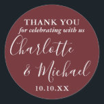 Sticker Rond Signature rose Rosewood Favor Merci<br><div class="desc">Rosewood rose signature de mariage faveur merci sticker rond classique avec des noms de style signature. Personnalisez avec vos informations de remerciement spéciales en typographie chic. Conçu par Thisisnotme©</div>