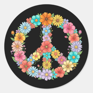 Sticker Rond Signe de paix floral coloré Hippie Fleur Rétro