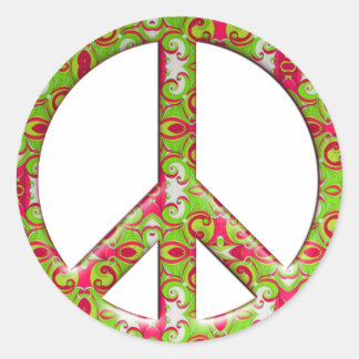 STICKER ROND SIGNE DE PAIX RÉTRO VERT & ROSE