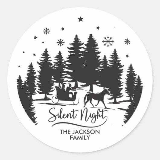 Sticker Rond Silence nuit neige flocons pins silhouettes (Devant)
