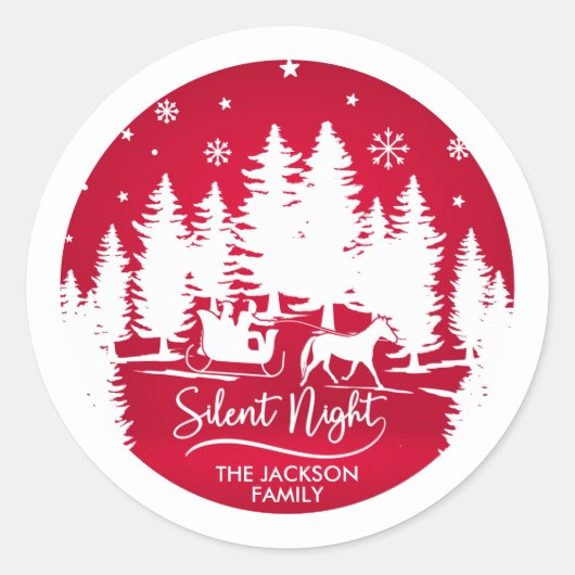 Sticker Rond Silence nuit neige flocons pins silhouettes (Devant)