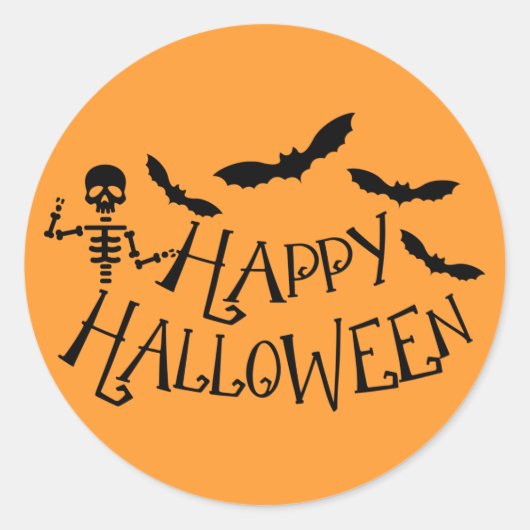 Sticker Rond Silencieux Skeleton Bats Noir & Orange Halloween h (Devant)