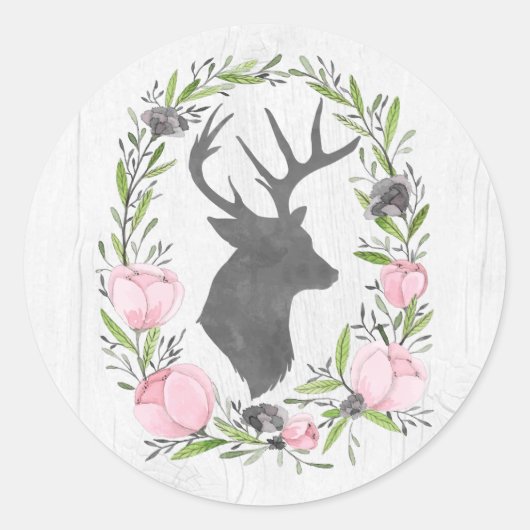 Sticker Rond Silhouette de cerf rustique Couronne florale Camée (Devant)