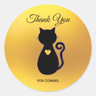 Sticker Rond Silhouette de chat noir élégant sur Merci en or