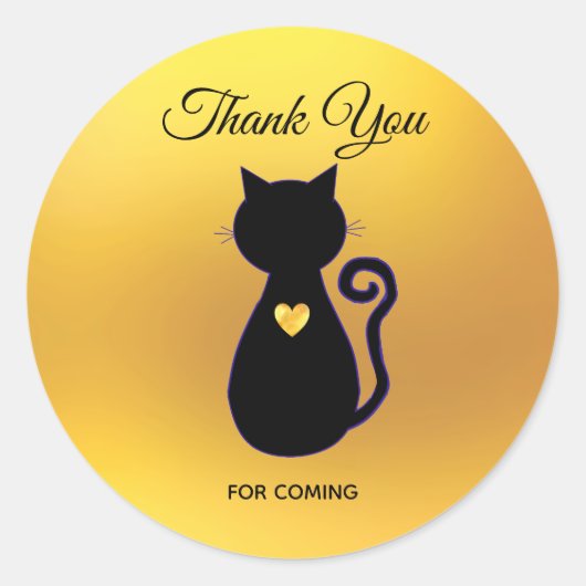 Sticker Rond Silhouette de chat noir élégant sur Merci or (Devant)