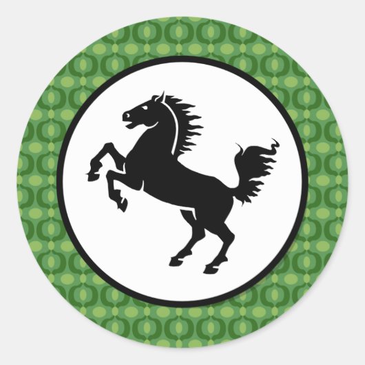 Sticker Rond Silhouette de Cheval Noir sur Motif Vert (Devant)
