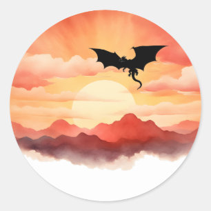 Sticker Rond Silhouette de dragon contre un coucher de soleil