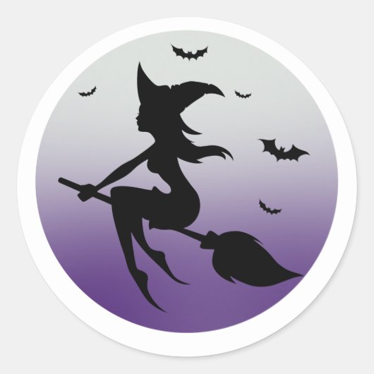 Sticker Rond Silhouette de sorcière en lune violette (Devant)