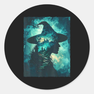 Sticker Rond silhouette de sorcière gothique château hanté cime