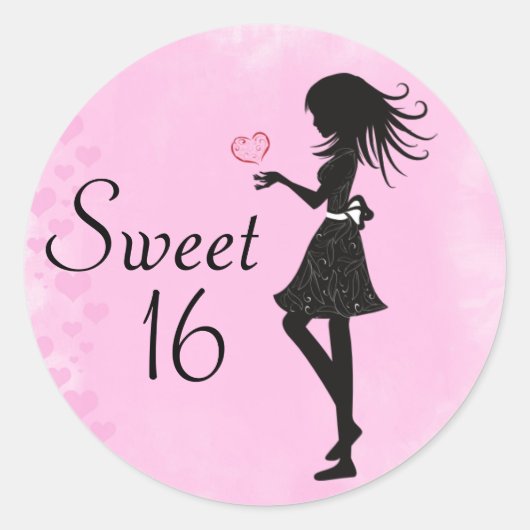 Sticker Rond Silhouette Fille et Coeurs Doux 16 Rose - Noir (Devant)