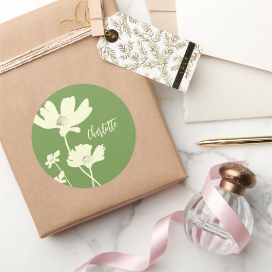 Sticker Rond Silhouettes de Fleurs de Cosmos d'été botaniques (Cadeaux)