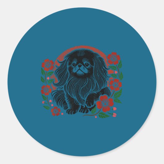 Sticker Rond Silly Cherry Pekingese Blossoms Floral Dog Japanes (Devant)