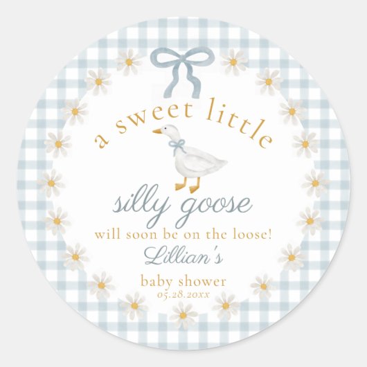 Sticker Rond Silly Goose Flower Bow Baby Shower Blue Gingham  (Devant)