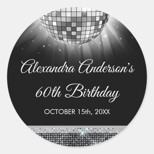 Sticker Rond Silver 60th Birthday Party 70's Disco Ball (Devant)