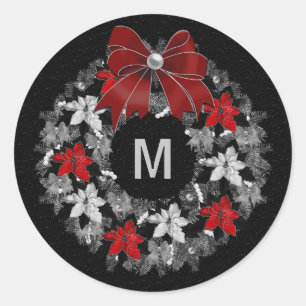 Sticker Rond Silver and Red Holiday Wreath