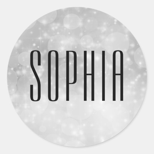 Sticker Rond Silver Black Bokeh mignon Nom élégant (Devant)