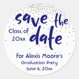 Sticker Rond Silver Confetti avec Navy : "Sauvez la date"