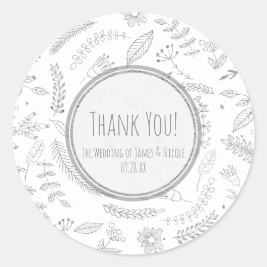 Sticker Rond Silver Floral Feuille Rustique Elégant Mariage Fav (Devant)