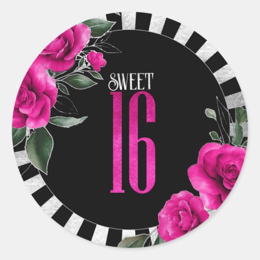Sticker Rond Silver Foil Stripes Floral Hot Pink ID759 (Devant)