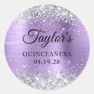 Sticker Rond Silver Glitter Clair Violet Huile Quinceanera