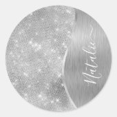 Sticker Rond Silver Glitter Glam Bling Personalized (Devant)