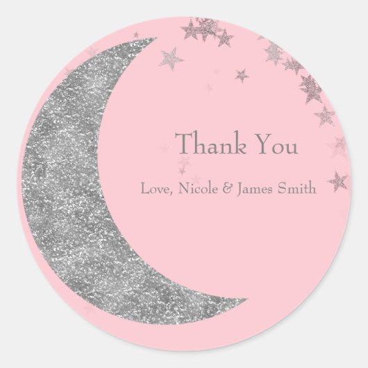 Sticker Rond Silver Moon & Stars Baby shower Rose Faveur (Devant)