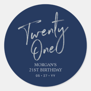 Sticker Rond Silver & Navy 21e fête d'anniversaire Favoriser le