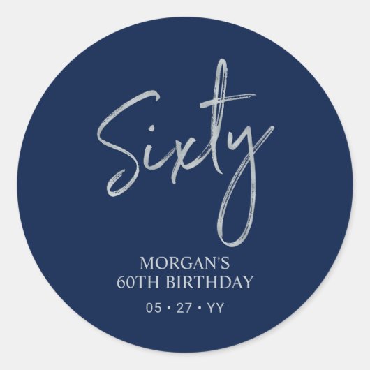 Sticker Rond Silver & Navy Bleu Soixante 60e anniversaire Fête  (Devant)
