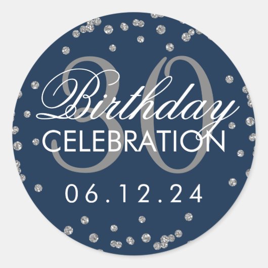 Sticker Rond Silver Navy Blue 30th Birthday Parties scintillant (Devant)