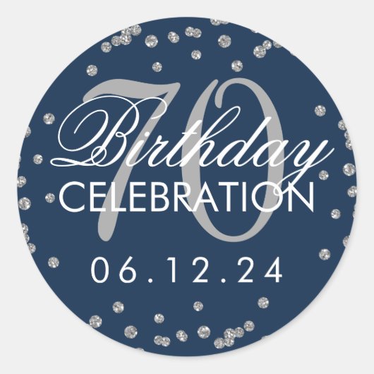 Sticker Rond Silver Navy Blue 70th Birthday Parties scintillant (Devant)