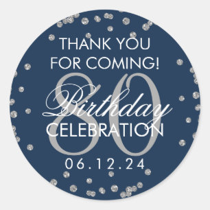 Sticker Rond Silver Navy Blue 80th Birthday Merci Parties scint