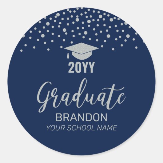 Sticker Rond Silver Navy Confetti 2022 Graduation Party Favor (Devant)