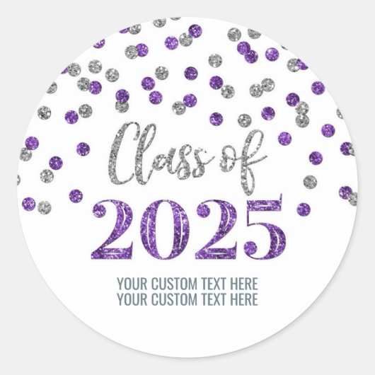 Sticker Rond Silver Purple Confetti Graduation 2025 (Devant)