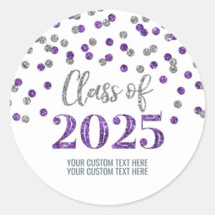 Sticker Rond Silver Purple Confetti Graduation 2025