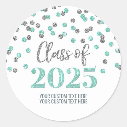 Sticker Rond Silver Turquoise Confetti Graduation 2025 (Devant)
