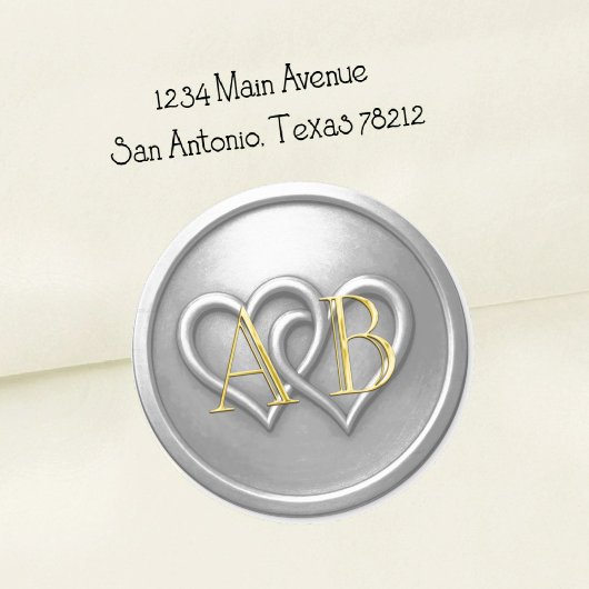 Sticker Rond Silver Two Hearts Intertwined Monogram Wedding
