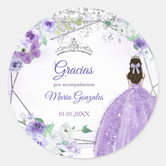 Sticker Rond Silver Violet Quinceañera Favoriser Merci Cadeau (Devant)