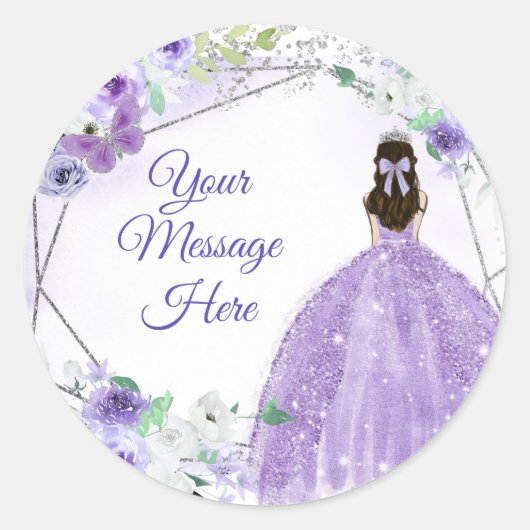 Sticker Rond Silver Violet Quinceañera Votre Message Ici (Devant)