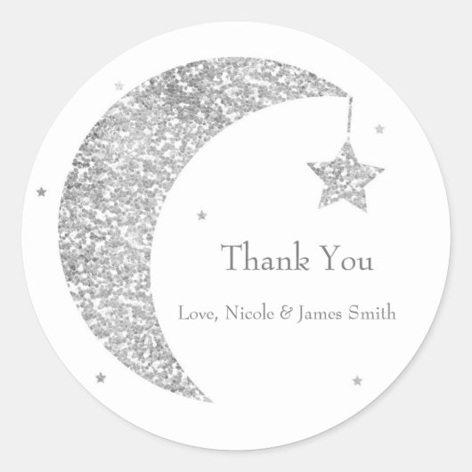 Sticker Rond Silver & White Moon & Stars Baby shower Favoriser (Devant)