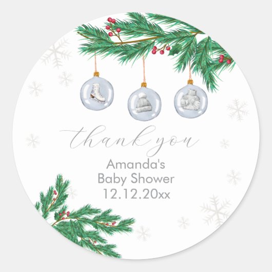Sticker Rond Silver Winter Clothesline Ornaments Baby Shower (Devant)