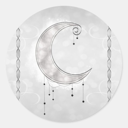 Sticker Rond Silvery White Crescent Moon Stars (Devant)