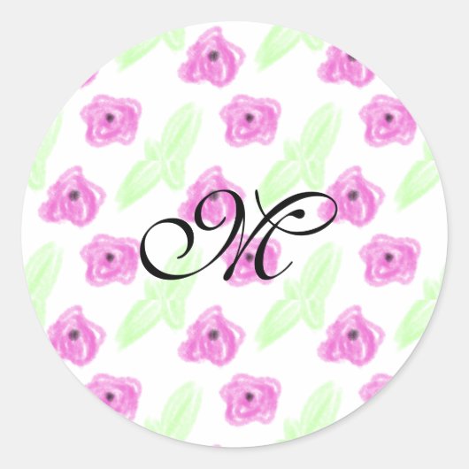 Sticker Rond Simple aquarelle rose fleurs vert feuille monogram (Devant)