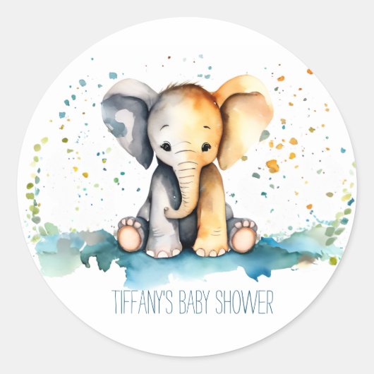 Sticker Rond Simple bébé éléphant avec le Baby shower de nom de (Devant)